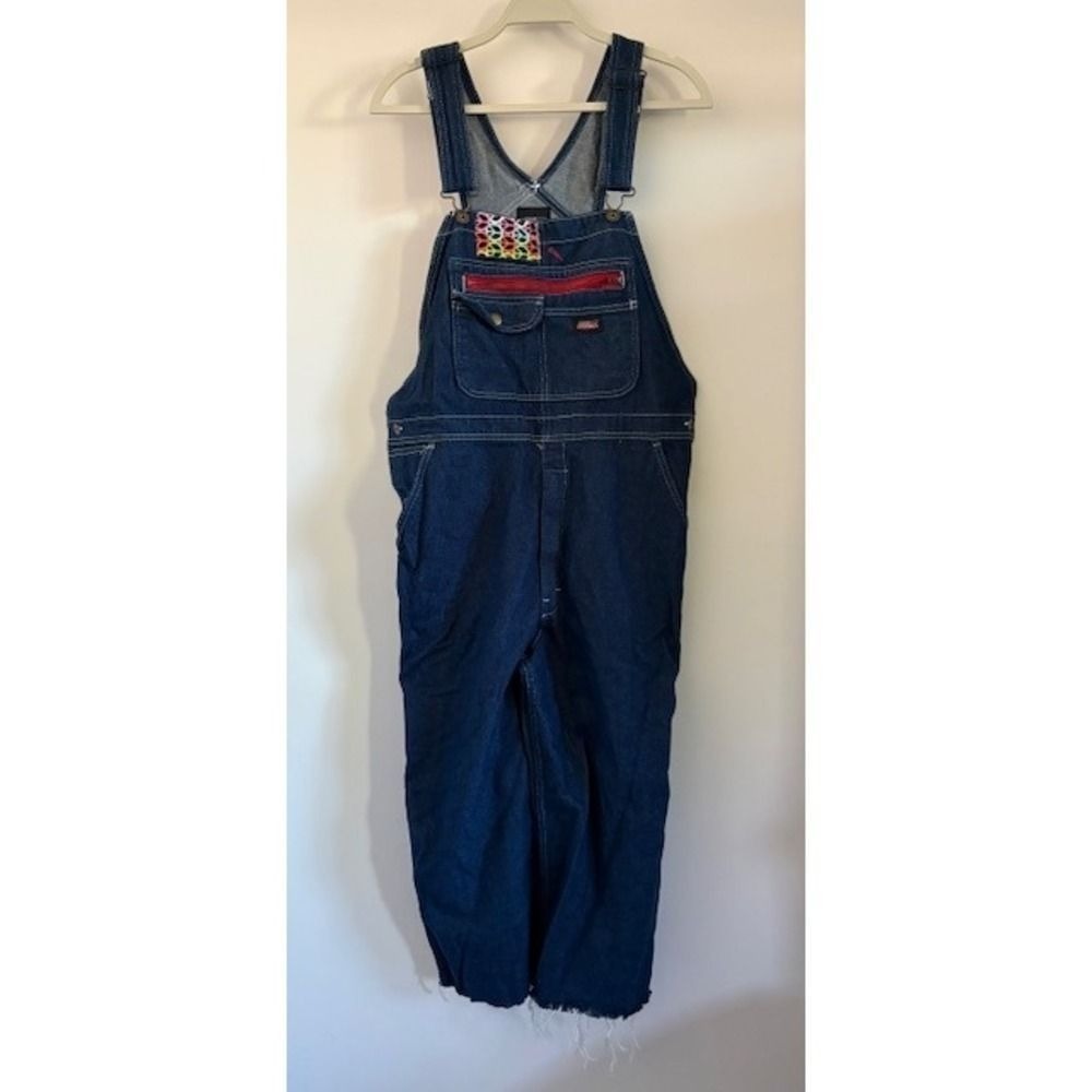 Dickies Womens Custom Peace Patch Denim Overalls Dark Wash Raw Hem Medium - Picture 1 of 5